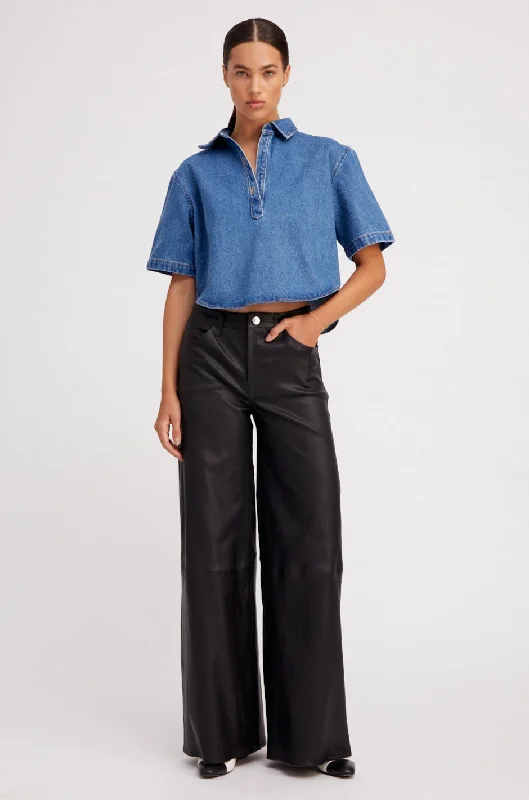 Cash Savings Black Leather 5 Pocket Wide Leg Pants