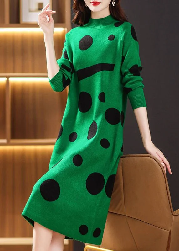Last Chance Green Dot Print Patchwork Knit Sweater Dress Turtleneck Long Sleeve