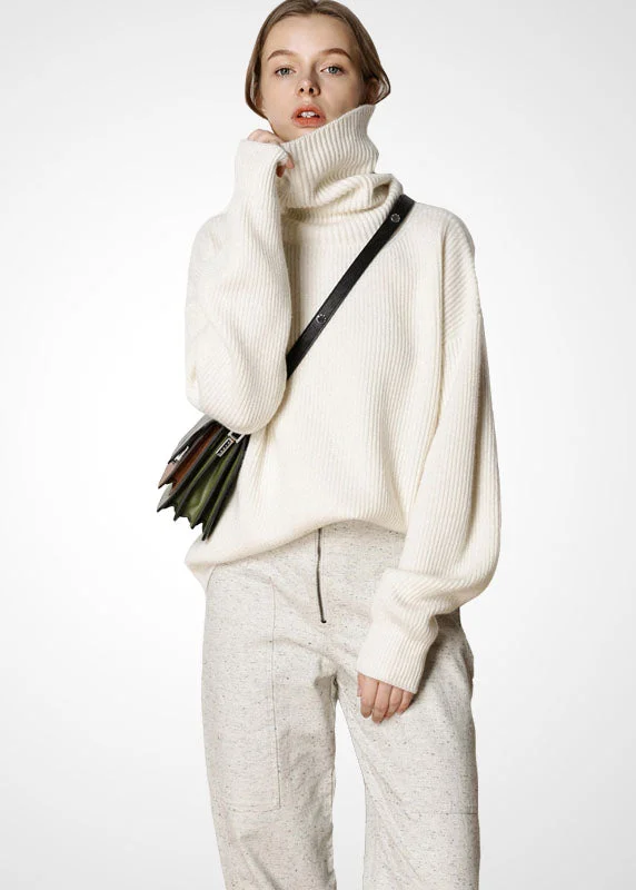 New Markdowns Modern Beige Turtle Neck Oversized Warm Wool Sweater Tops Winter