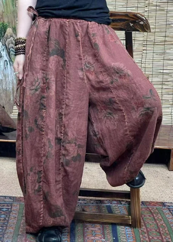 Lowest Rates Diy Brick Red Pockets Print Patchwork Linen Lantern  Pants Summer