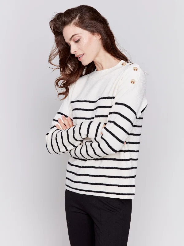 Weekend Steals Await Striped Sweater with Button Detail - Ecru