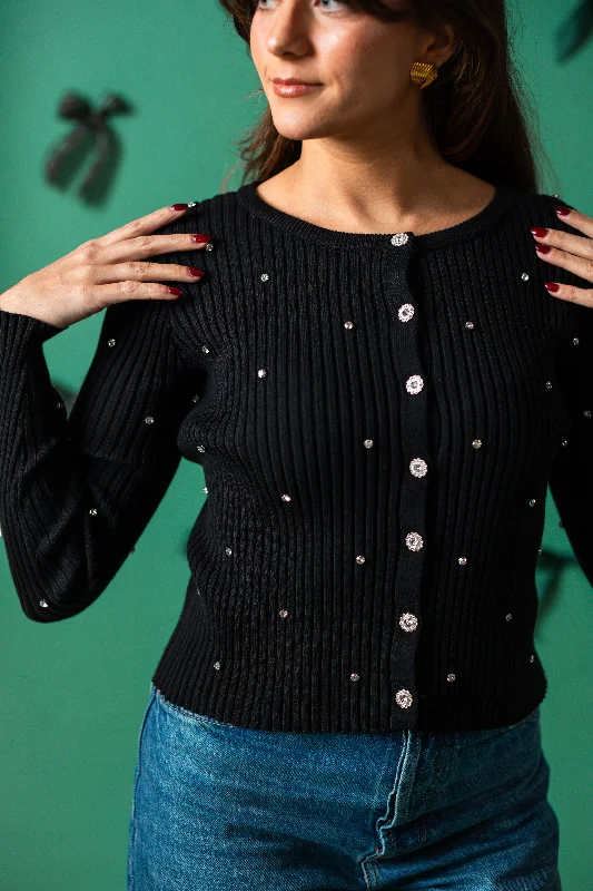Friends and Family Sale Lucy Paris Mauricia Black Rhinestone Ribbed Knit Top
