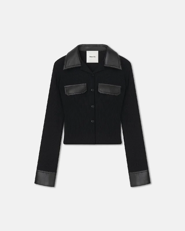 Markdowns Rasima - Alt Leather-Trimmed Ribbed-Jersey Shirt - Black
