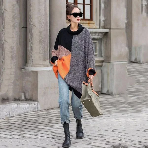 Discount Deals Knitting Splicing Women Sweater Winter The New Irregular Contrast Color O-neck Collar Pullover Loose Fashion