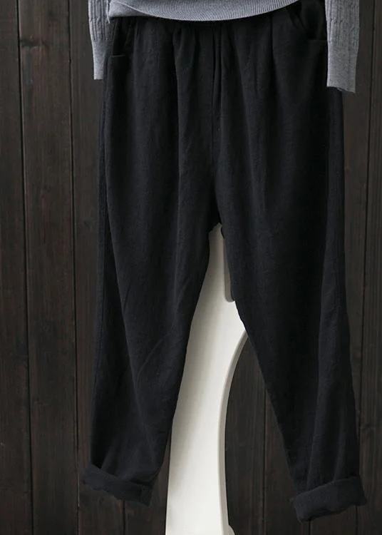 Lowest Prices French Black Elastic Waist Linen Spring Pants
