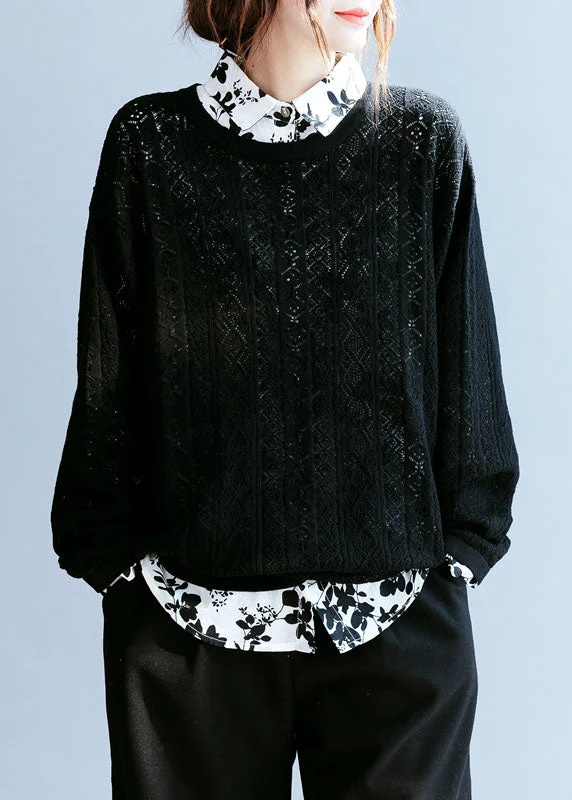 Big Savings Fitted Black Loose Hollow Out Knit Sweaters Spring