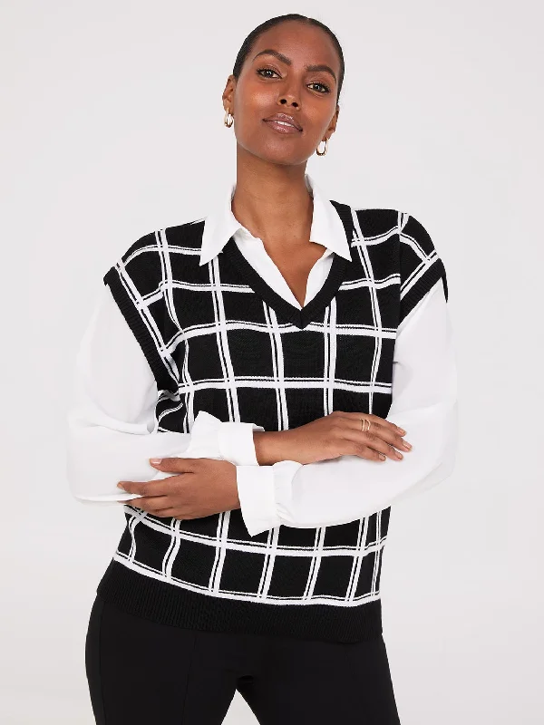 Shop and Save 2-Fer Windowpane Print Vest With Blouse