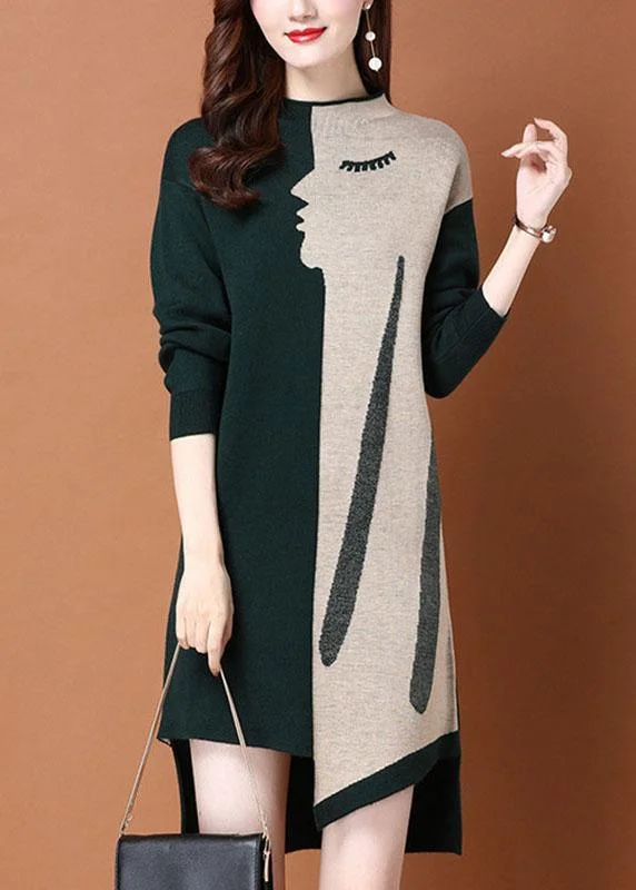Limited Offer Fashion Green Patchwork asymmetrical design slim fit Fall Sweater Dress
