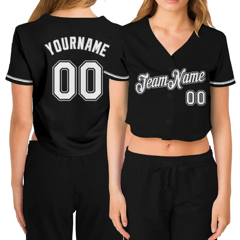 Mega Sale Custom Women's Black White-Gray V-Neck Cropped Baseball Jersey