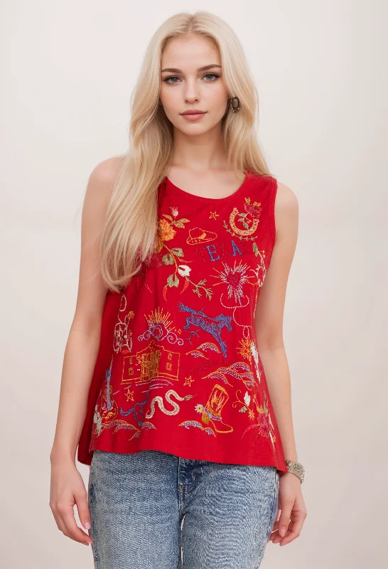 Cash Savings Johnny Was Red Texas Knit Embroidered Tank Top R12624
