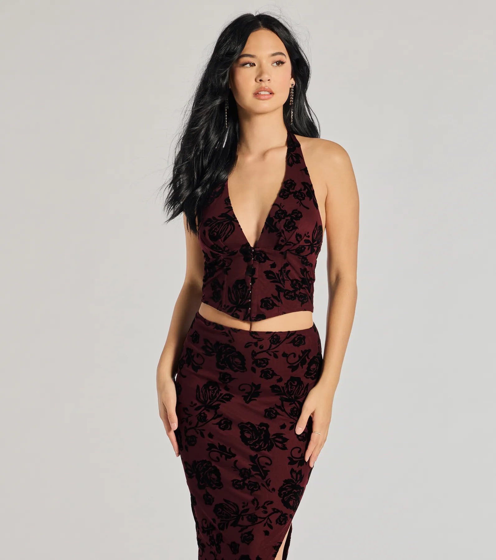 Factory Direct Sale Luxe Wonder Flocked Velvet Floral Halter Top
