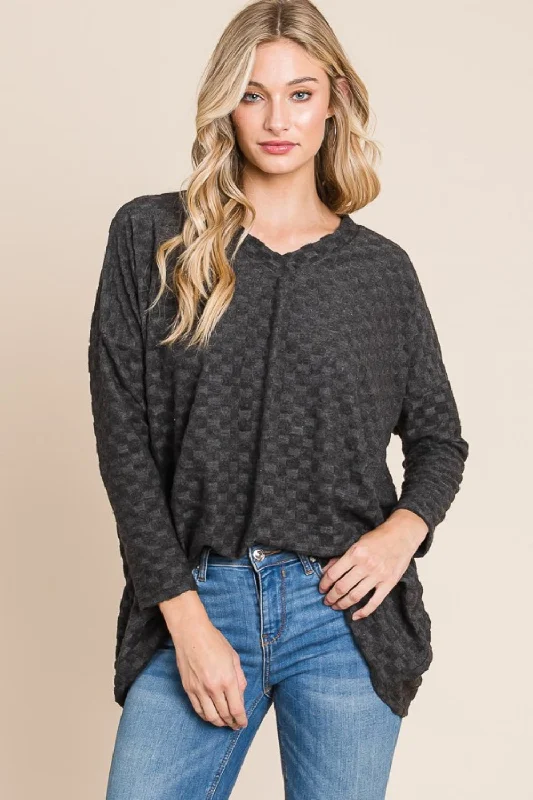 Weekend Deals That Sizzle BOMBOM Checkered Long Sleeve V-Neck T-Shirt