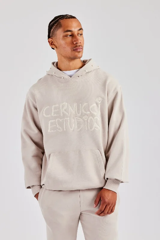 Washed Contrast Stitch Pearl Hoodie - Stone