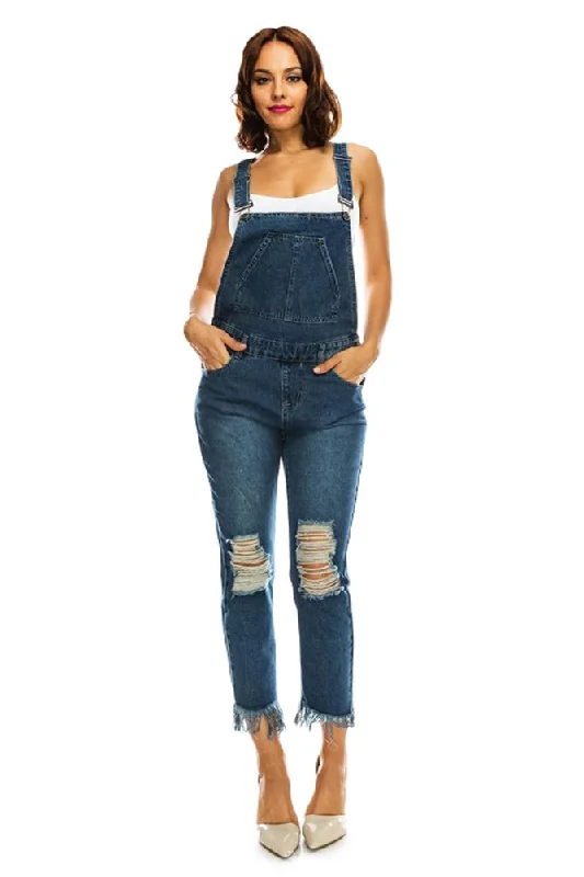 Super Sale Women's Destroyed and Frayed Hem Denim Overalls
