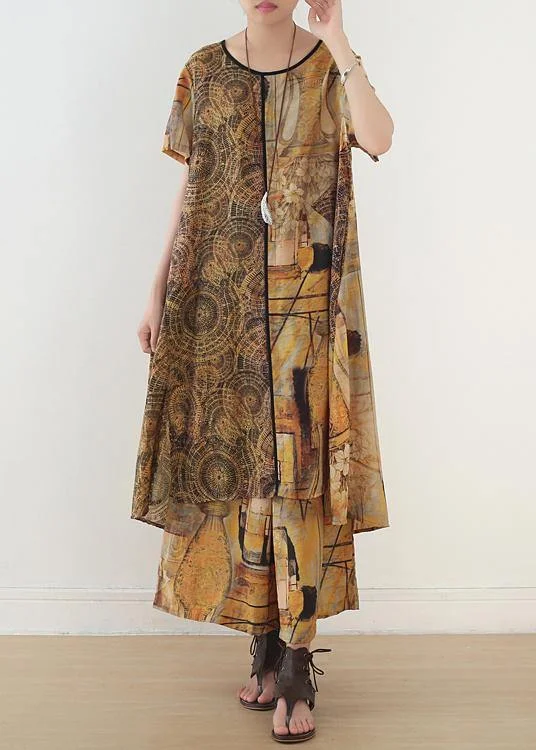 Online Specials Ethnic Yellow Printed Women Mid Length + Loose Wide Leg Pants Suit