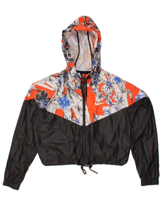 Great Deals NIKE Womens Oversized Crop Hooded Rain Jacket UK 10 Small Black Floral