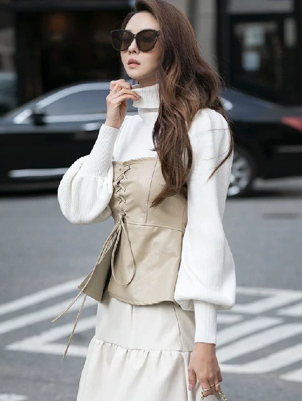 Bonus Savings E2298 Ribbed Puff Turtleneck Top