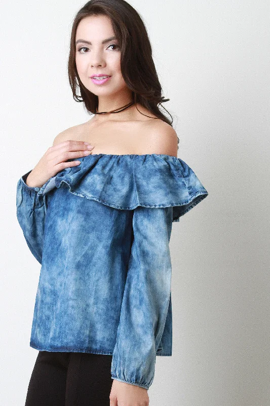 Savings Event Long Sleeves Chambray Bardot Top
