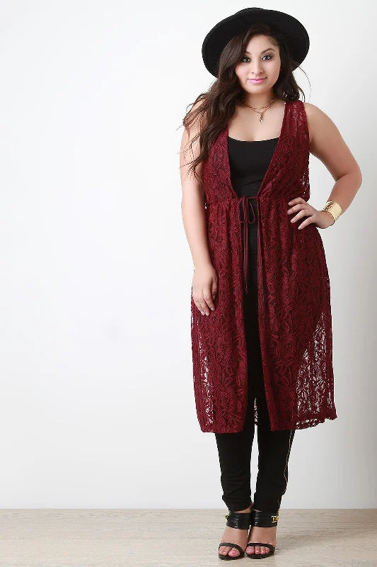 Now or Never Floral Lace Longline Open Front Vest
