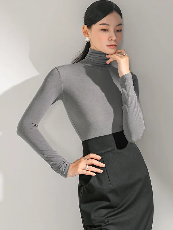Super Bargain E2541 See-through Slim Turtleneck Top