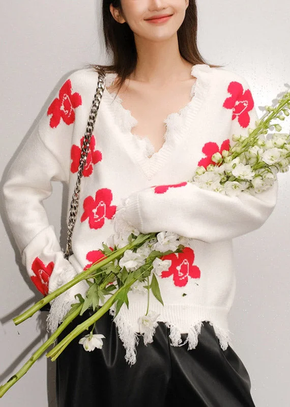 Weekend Savings Bonanza Handmade White V Neck Print Thick Knit Sweater Fall