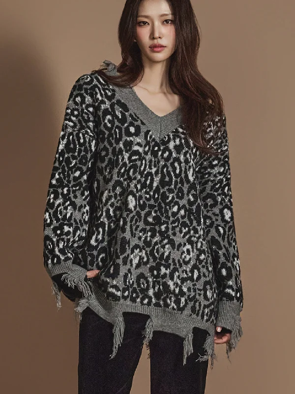 Discount Mania E3595 Leopard Pattern Distressed Knit