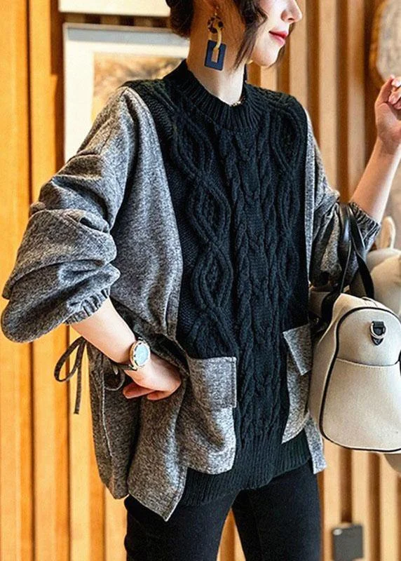 Price Drop Fitted Black O-Neck Knit Patchwork Loose Fall Sweater
