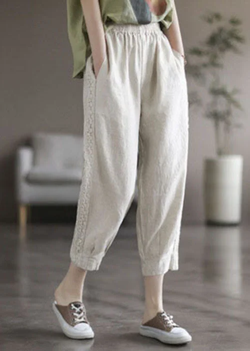 Exclusive Weekend Offers Inside Classy White Elastic Waist Pockets Lace Patchwork Linen Crop Pants Fall