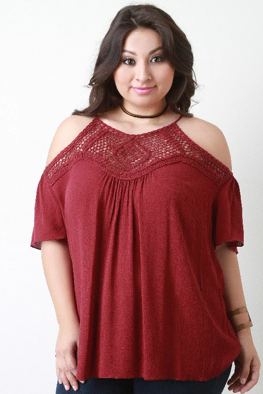 Special Discount Crochet Yoke Cold Shoulder Flowy Top