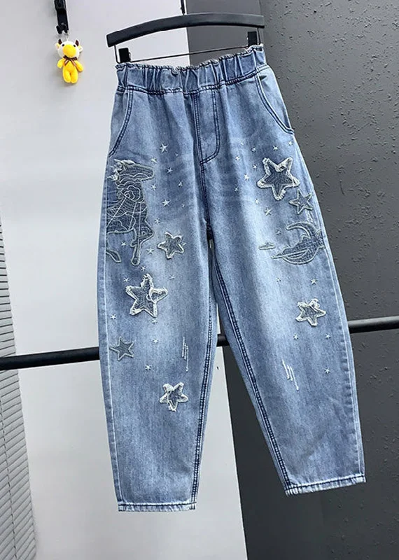 Fantastic Savings Elegant Blue Embroideried Pockets Elastic Waist Denim Crop Pants Summer