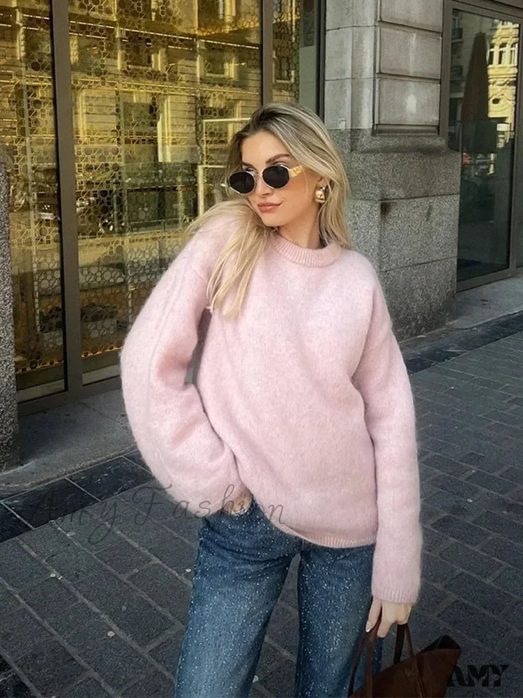 Amazing Deals Sweet Pink Women Mohair Casual Loose O-neck Long Sleeve Knitted Pullover 2024 Autumn Stylish Sweater