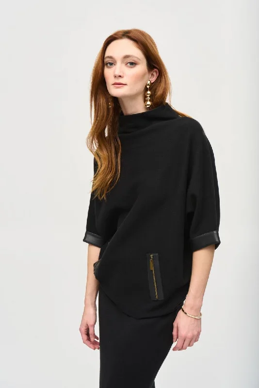 Super Sale Joseph Ribkoff Black Faux Leather Trim Funnel Neck Sweater Top 243966
