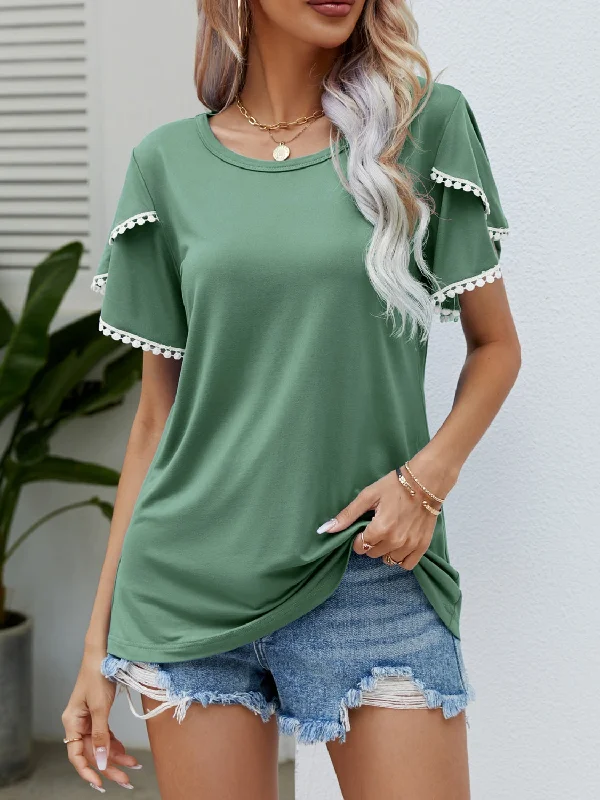Final Clearance Pom-Pom Trim Flutter Sleeve Round Neck T-Shirt