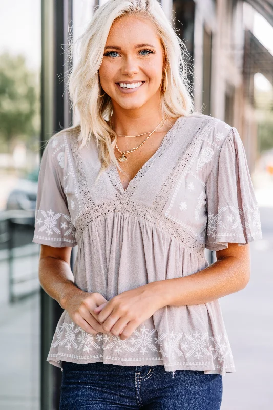 Can't Miss Be Your Best Sand Brown Embroidered Blouse