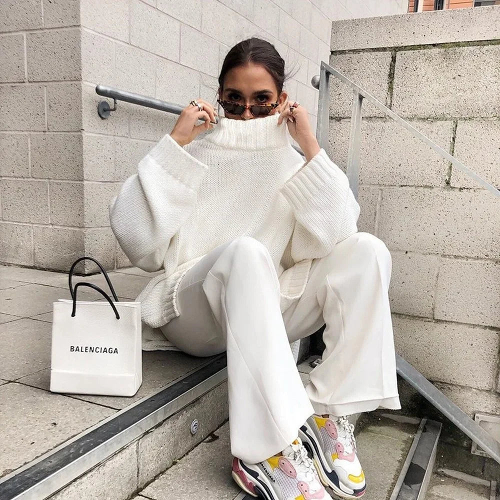 Weekend Discounts to Delight Autumn Winter Women's Turtleneck Pullover Loose Jacket White Coat Streetwear Warmth Sweater