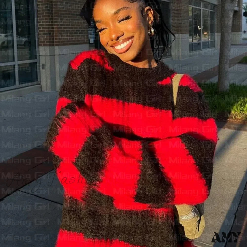 Best Seller Women's Knitted Vintage Stripes Streetwear Stylish Cozy Oversized Casual Trendy Chic Comfortable Sweater Best Seller Women's Knitted Vintage Stripes Streetwear Stylish Cozy Oversized Casual Trendy Chic Comfortable Sweater
