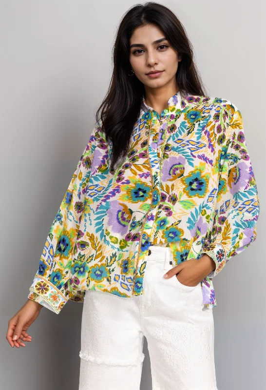 Limited Edition Johnny Was Workshop Ikat Bloom Shirred Yoke Blouse W11923 Boho Chic