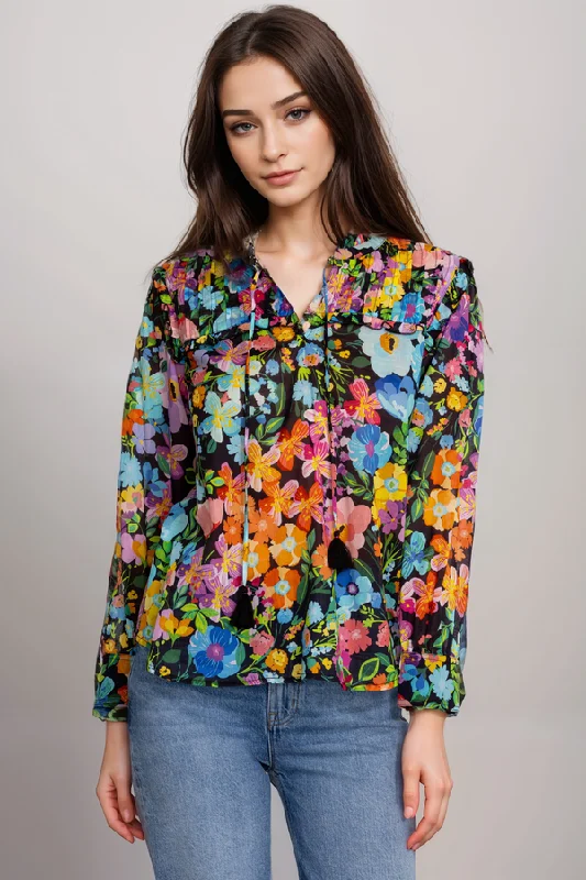 Members Only Johnny Was Wild Blooms Floral Ruffled Yoke Blouse R19624