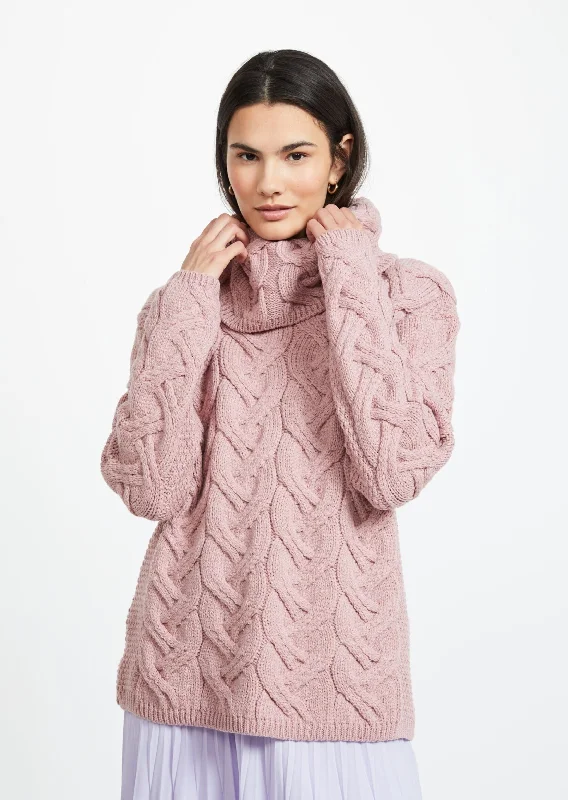 Final Clearance Aran Cowl Neck Chunky Sweater | Pink