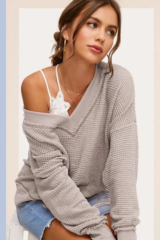 Bargain Blast LEXI LOOSE FIT V-NECK WAFFLE TEXTURED LONG SLEEVE TOP