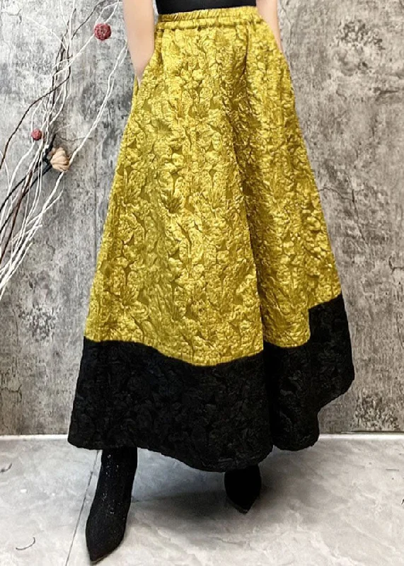Hot Deal Fashion Yellow Pockets Jacquard Patchwork Silk Wide Leg Pants Spring