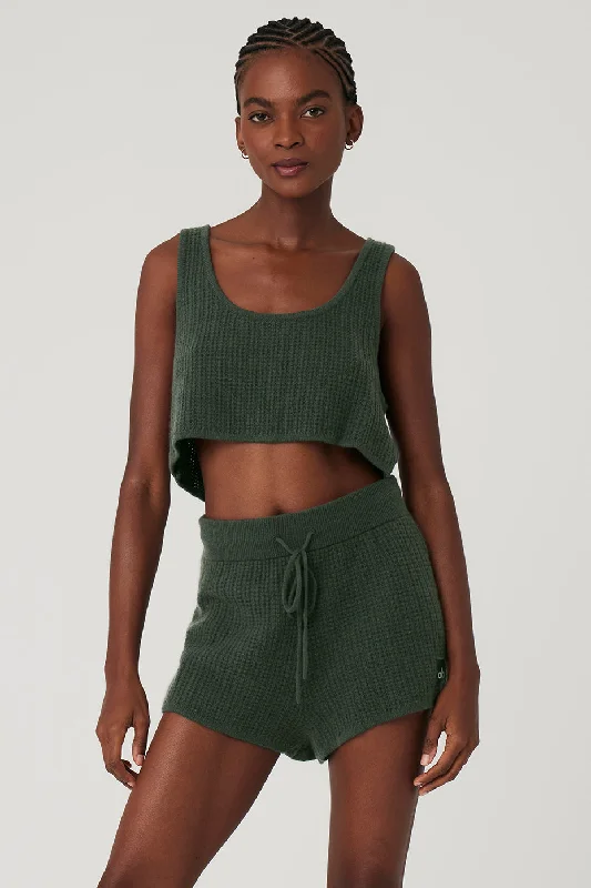 Can't Miss Cashmere Plush Waffle Cropped Tank - Dark Cactus