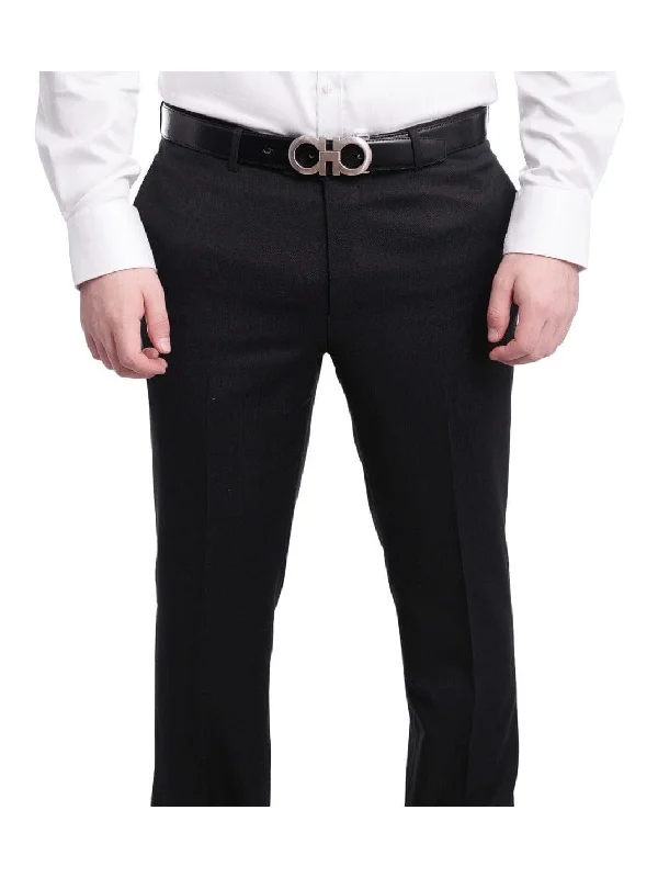 Napoli Slim Fit Black Textured Flat Front Wool Dress Pants