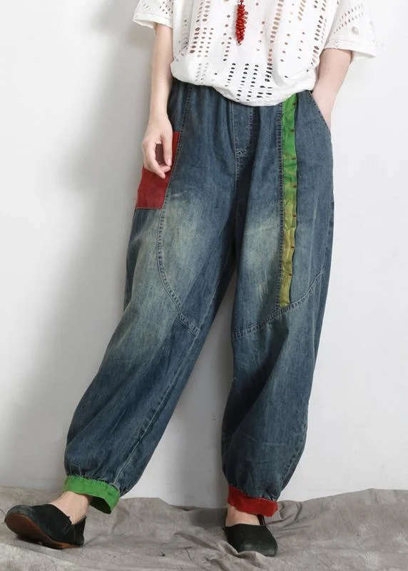Act Fast Handmade Blue Elastic Waist Patchwork Summer Pants