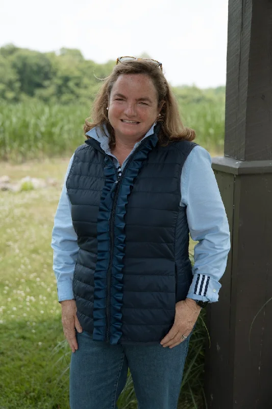 New Deals Maggie May Ruffled Ribbon Puffer Vest Navy w Navy (PF15)