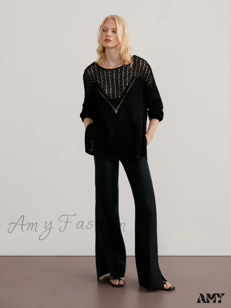 Online Only 2024 Autumn New Style Loose Version Hollow-out Design Solid Color Long-sleeved Stylish Sweater