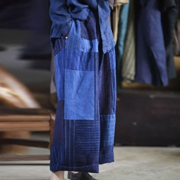 Special Savings Fall/Winter New Retro Patchwork Striped Pocket Elastic Waist Wide Leg Pants