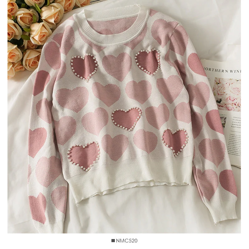 Buy Today Sweet wind nail pearl heart print sweater for women  1839
