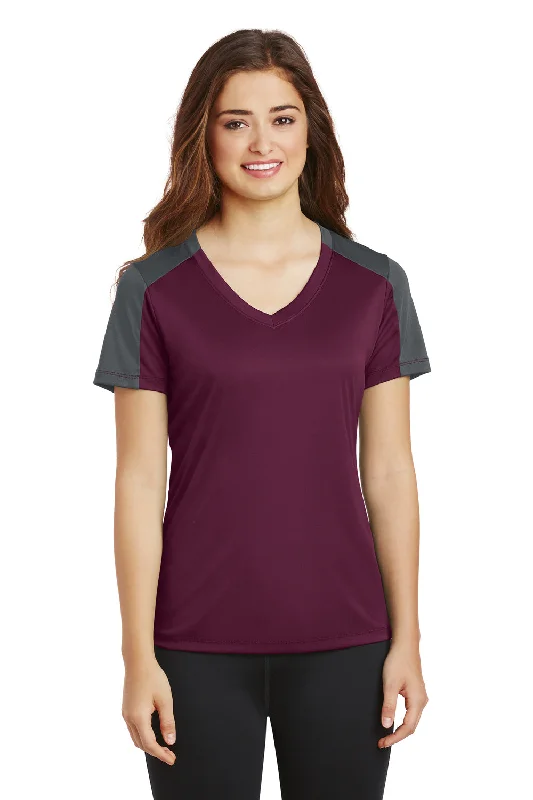 Anniversary Sale Sport-Tek Womens Competitor Moisture Wicking Short Sleeve V-Neck T-Shirt - Maroon/Iron Grey - Closeout