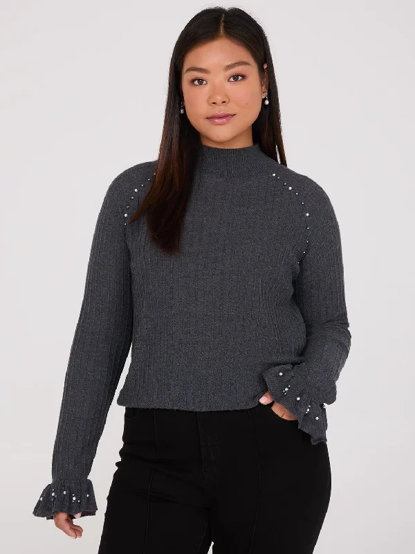 Super Deal Mock Neck Sweater With Pearl Details